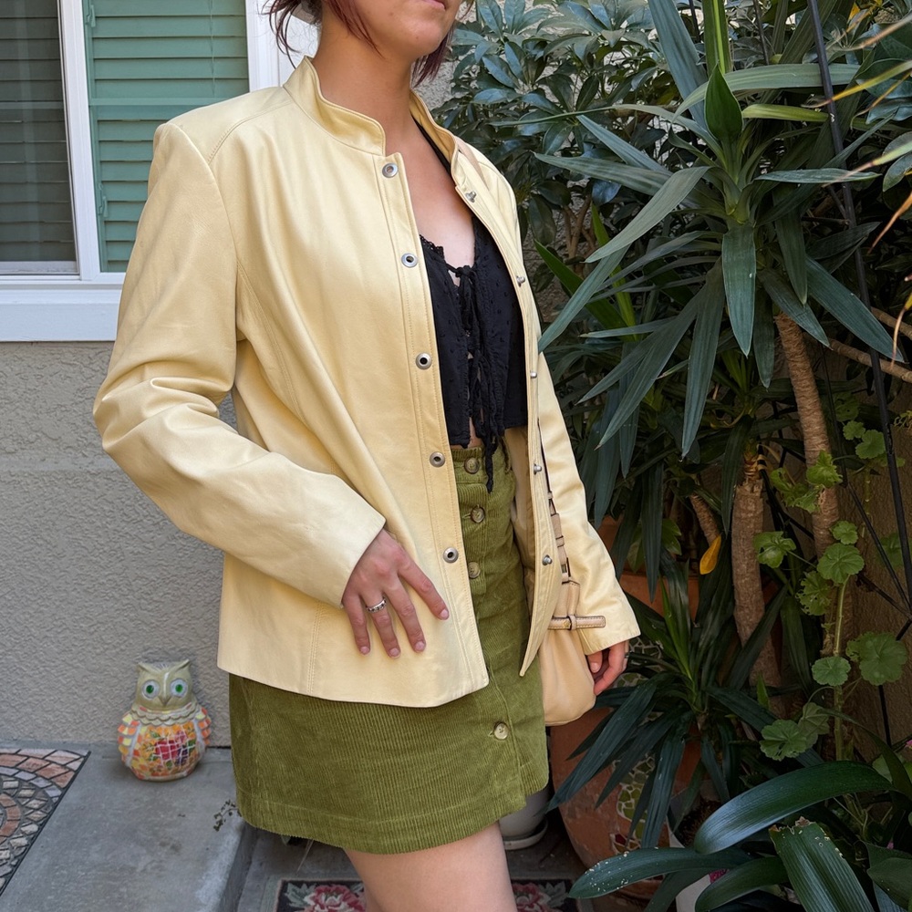 Vintage Dana Buchman Yellow/ Cream Leather Jacket with Pockets